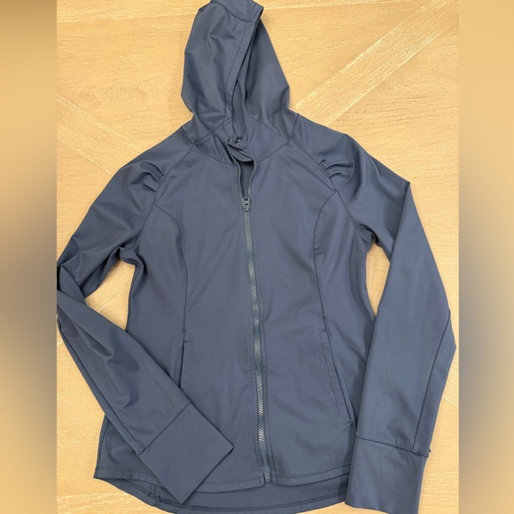 Jackets & Blazers - Women's Navy Blue Hooded Jacket with Thumbholes Fitted Silhouette  Athleisure